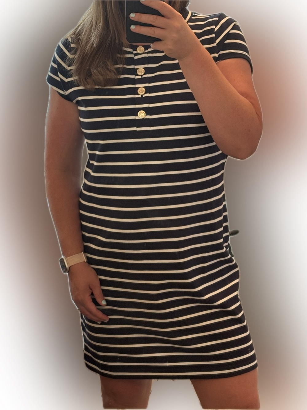 Ann Taylor Navy and White Striped Short Sleeve Shift Dress - Women’s Size L
